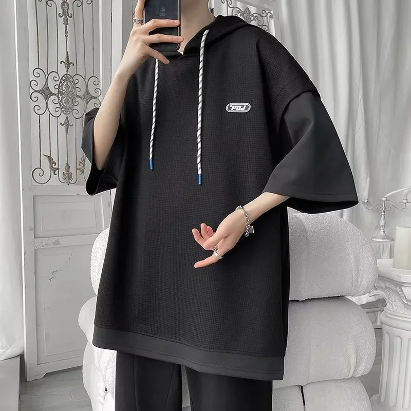 Summer Waffle Hooded Short Sleeve T-shirt Korean Fashion Fake Two Tshirt Y2K Streetwear Oversize Tee Tops Casual ropa hombre