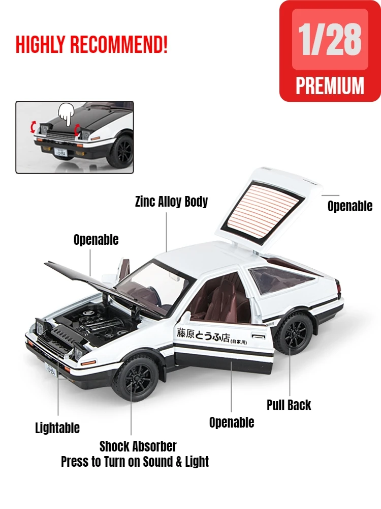 1/32 Initial D AE86 Toy Car Diecast Toyota Miniature Model Pull Back Sound Light Doors Openable Educational Collection Gift Kid