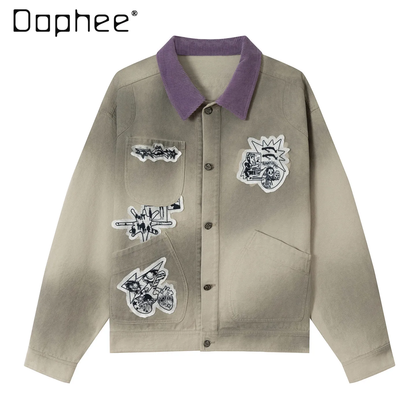 

Spring Autumn New Arrival Men's Gothic Jacket American Streetwear Cartoon Patch Print Loose Casual Long Sleeve Jacket