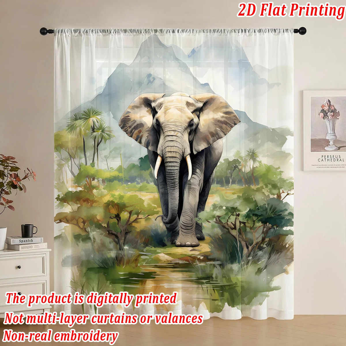 Elephant mountain forest Flat Printing Sheer Curtain，Light Fabric，for Living Room Bedroom Home Door and Window Decor