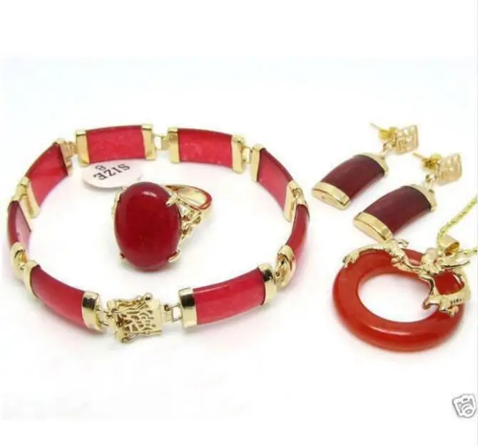 Jewelry Natural Red Jade Dragon Pendant Necklace Ring Bracelet Earring Set