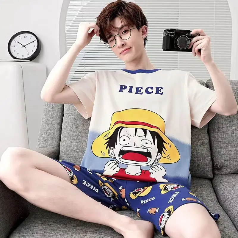 Fashion Young Man Pajamas Set Japan Style Cartoon Print Cool Pijama Summer Roomwear Home Clothes for Students Round Neck Nighty