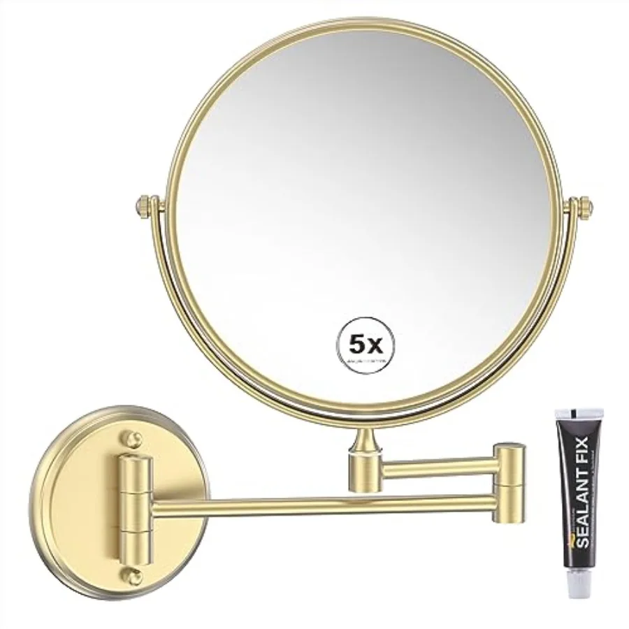 

8 Inch Bathroom Makeup Mirror Wall Mounted Gold, 360 Swivel Vanity Mirror with Magnification, Extendable Arm, 1X/5X Two-Sided,