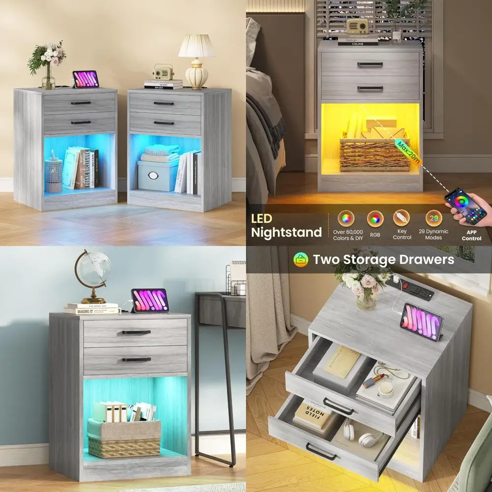

Set of 2 LED-lit Nightstands with Charging Station for Bedrooms