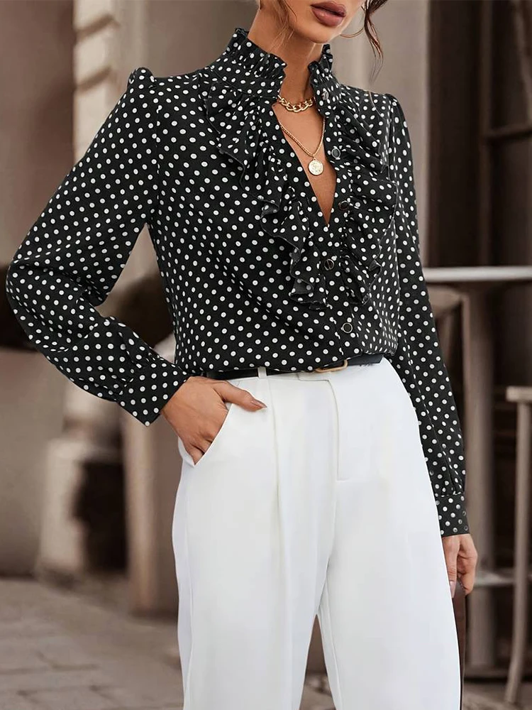 Camicia da donna alla moda con maniche a sbuffo con stampa a pois, top elegante alla moda per pendolari