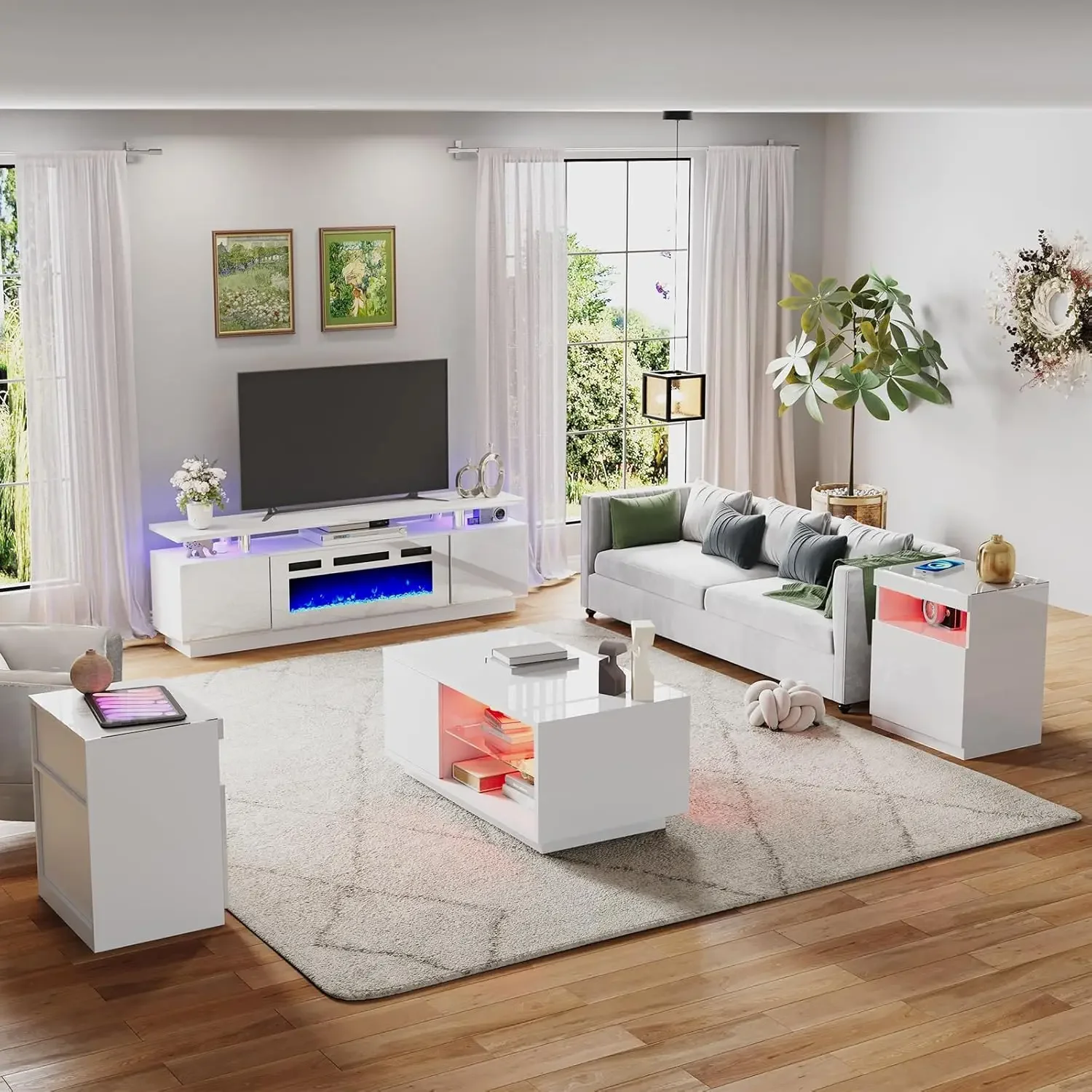 Living Room Table Sets of 5, Include 2-tier Fireplace TV Stand, Coffee Table, 2 X Side Tables with Charging Station, LED Media