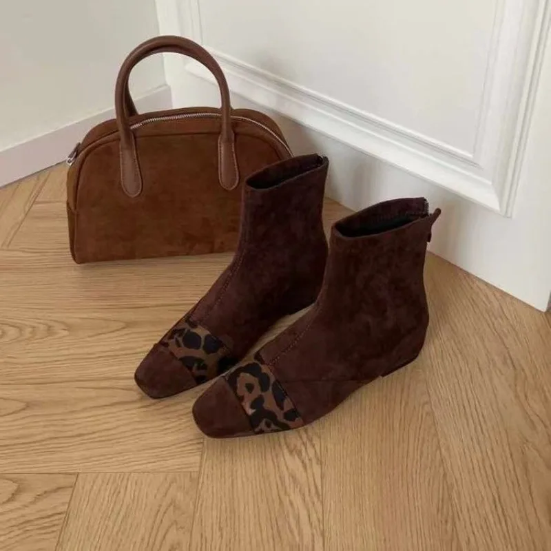 Square Toe Women Sock Boots Leopard Mixed Color Back Zipper Square Mid Heels Sock Bota  Platform Boots  Shoes for Women image 2