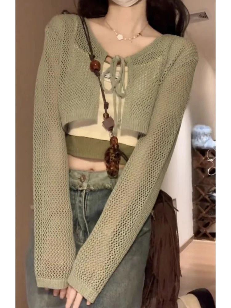 Women Basic Cardigan V-Neck Sweater Autumn Long Sleeve Lace Up Design Hollow Out Knitted Soft Office Lady 90s Fashion Pullover