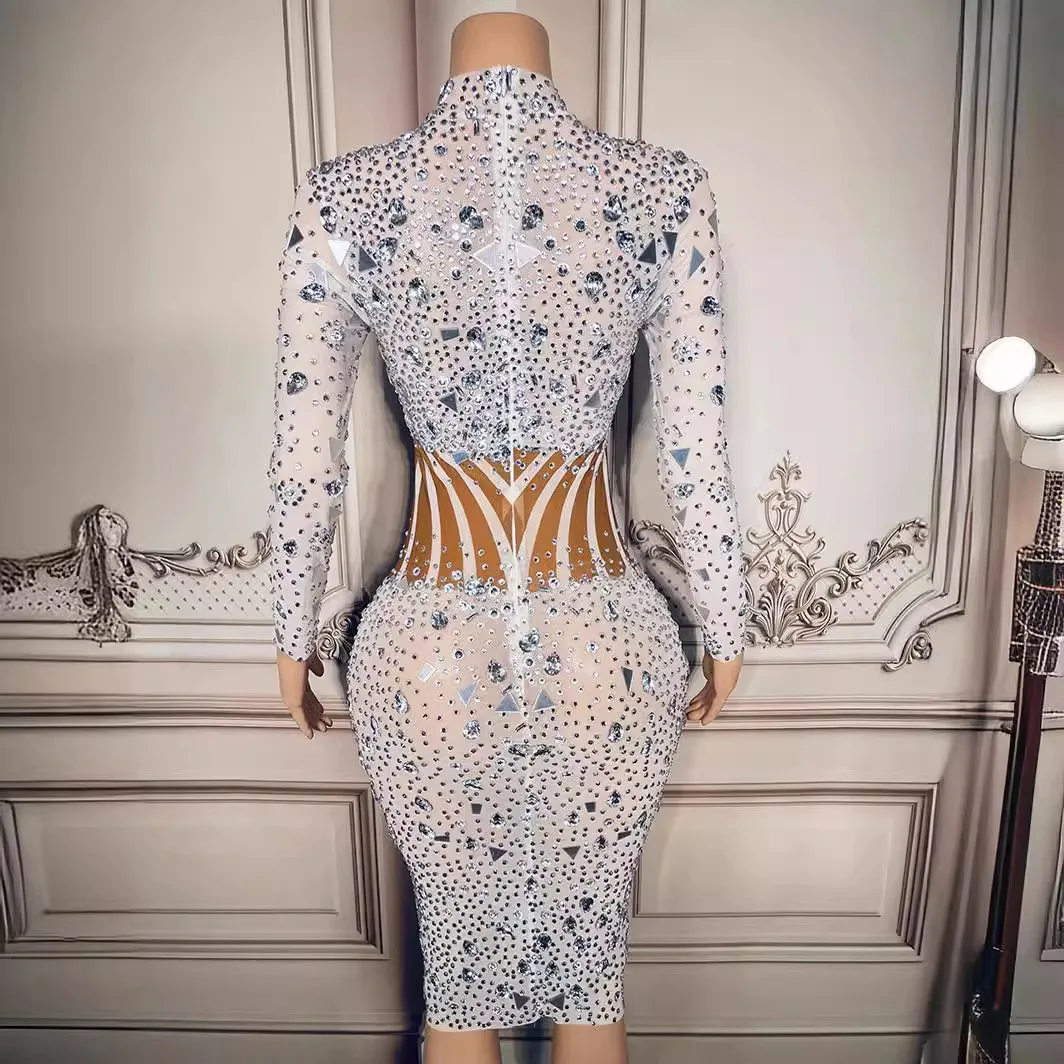 วันเกิดตาข่ายสีขาวเงาเพชรเซ็กซี่โปร่งใสหญิงเซ็กซี่ชุดจัดเลี้ยงพรรค Robe Femme Chic Et Élégante Glamorous ชุด
