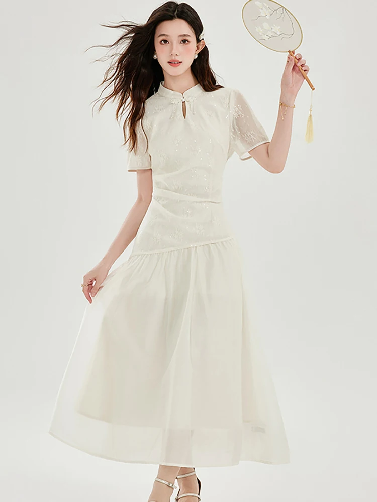 

2025 White Patchwork Jacquard Stand Collar Long Dress Summer Elegant Chic Holiday Dress Women Korean Vintage Bodycon Party Dress