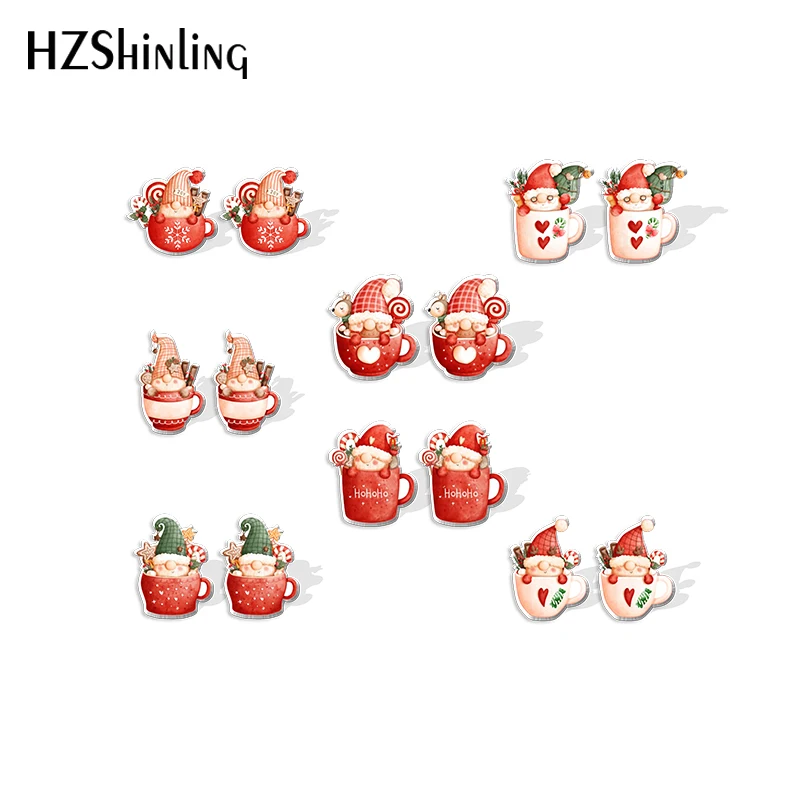 2022 New Christmas Gnomes in a Cup Stud Earring Sweet Acrylic Resin Earrings Epoxy Handmade Jewelry Gifts Friends