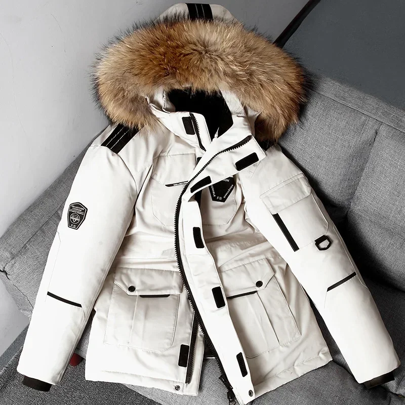 Piumino invernale uomo 90% piumino d'anatra bianco parka cappotto collo di pelliccia di media lunghezza maschio addensare soprabito da neve-30 gradi tenere al caldo