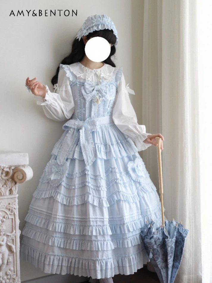 Origineel ontwerp zoete, zachte feeënstijl CLA-serie Lolita jurk schattige strikriem slanke midi-lengte JSK band lange jurk voor dames