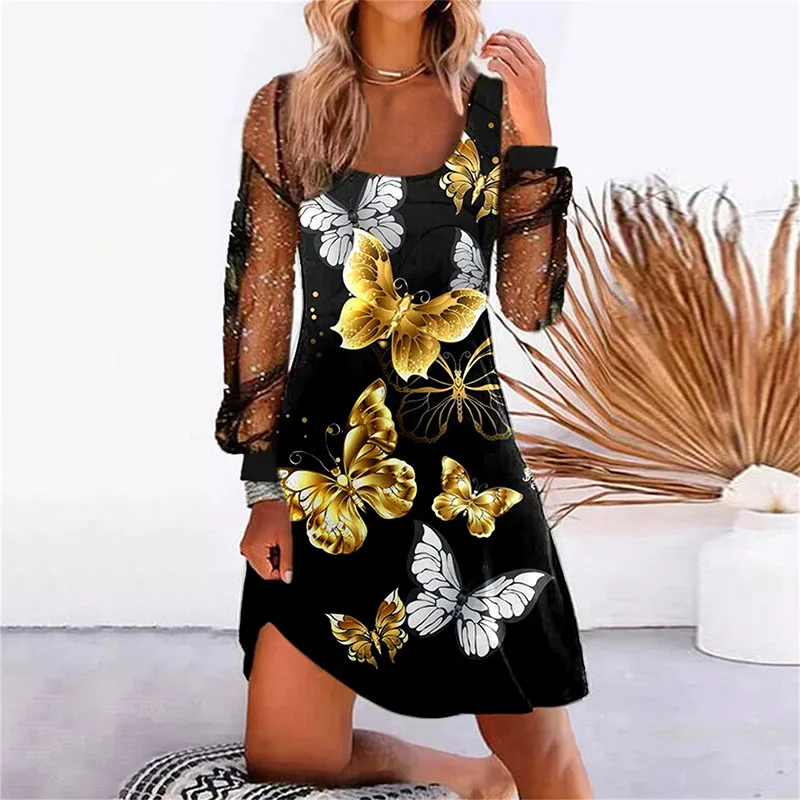 New Arrival Women Long Sleeve Vintage Dress Mech Patchwork Spring Autumn Sexy Off Shoulder Print Short Party Dress Christmas