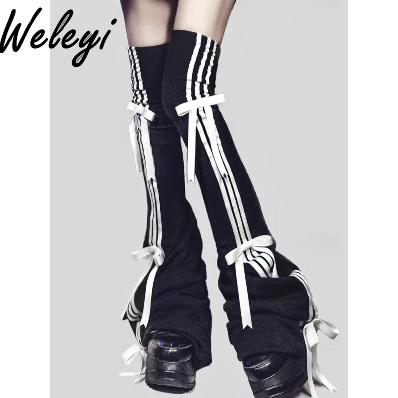 

Japanese Style Lace Vertical Stripes Leg Warm Three-Dimensional Color Matching Ribbon Bow Lolita Knitted Long Tube Foot Sock