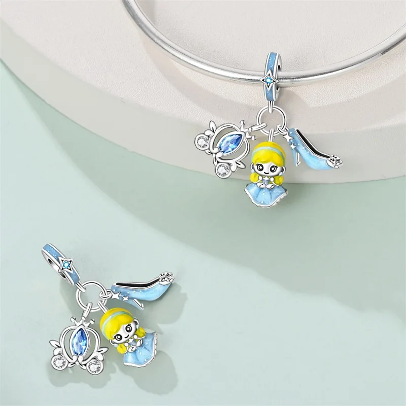 925 Sterling Silver Original Ocean Princess Magic Mirror Princess Rose Princess Charms Pendants Fit DIY Bracelets Party Jewelry