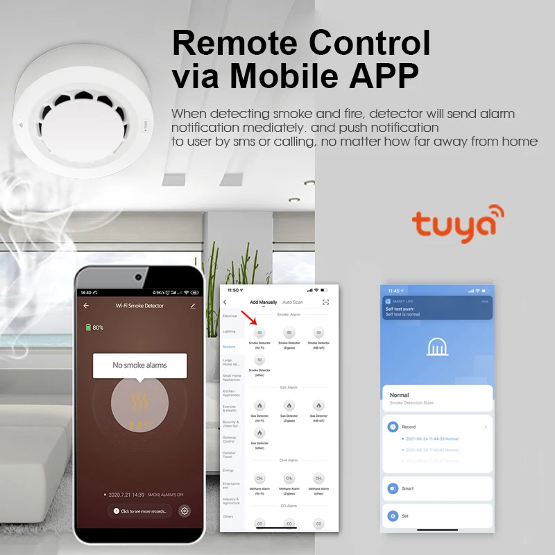 Tuya-Sensor de humo con WiFi, alarma de protección contra incendios, Detector de humo, combinación de casa, sistema de seguridad para el hogar, Bomberos