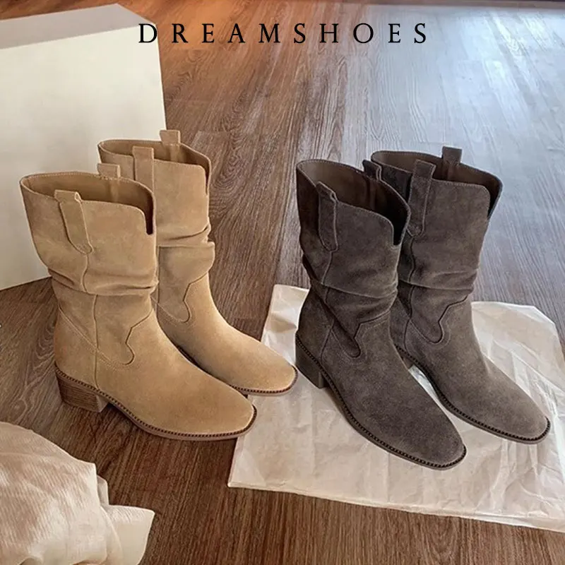 

2025 New Retro Western Boots Women'sAutumn Single Boot V-notch Slim Mid-calf Knight Boot Wrinkle Slim Boot