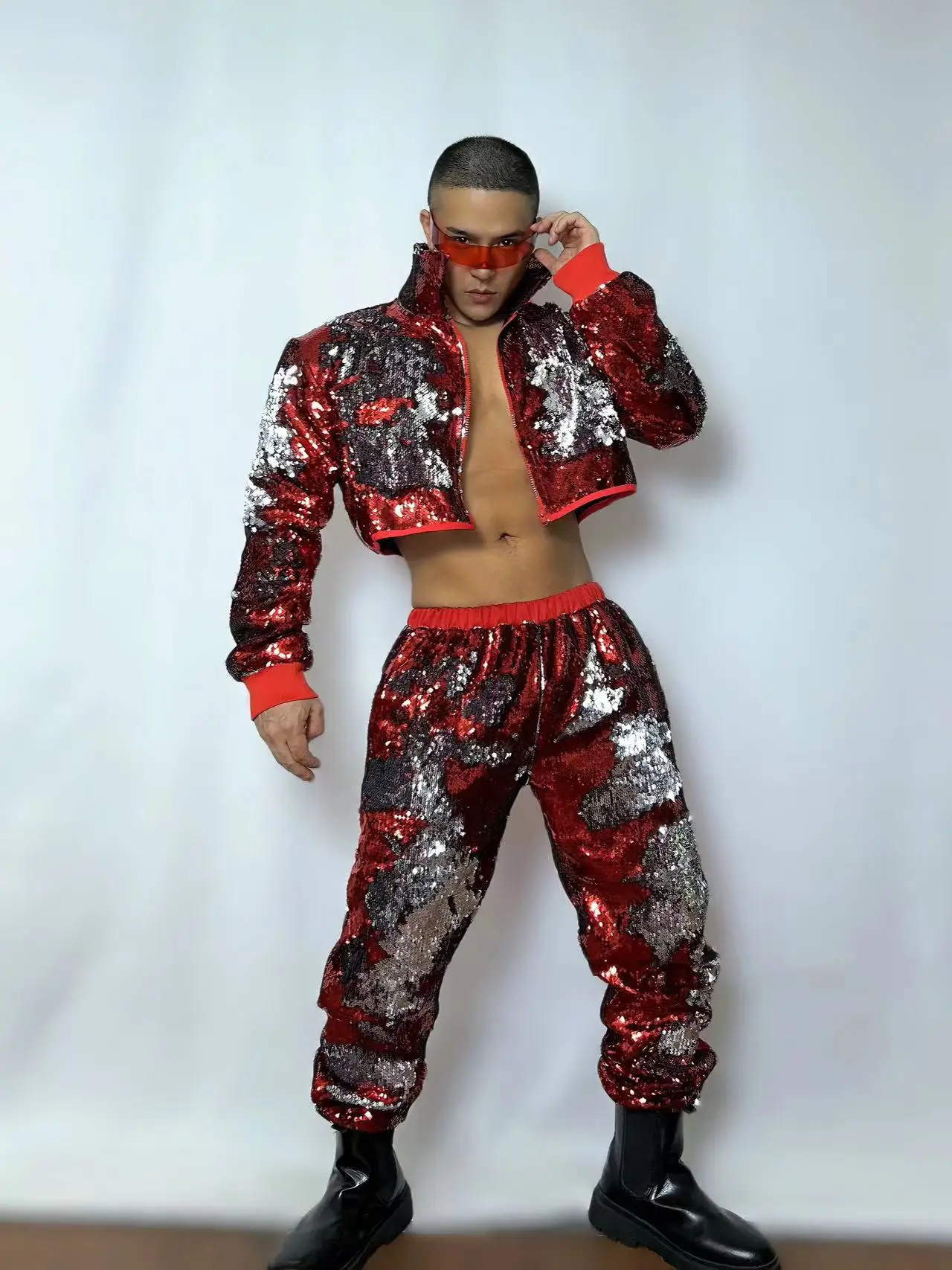 Male Jazz Hip Hop Sequins Dance Costume Red Silver Hooded Short Jacket Pants Set Nightclub Bar Male Gogo Performance Stage Wear