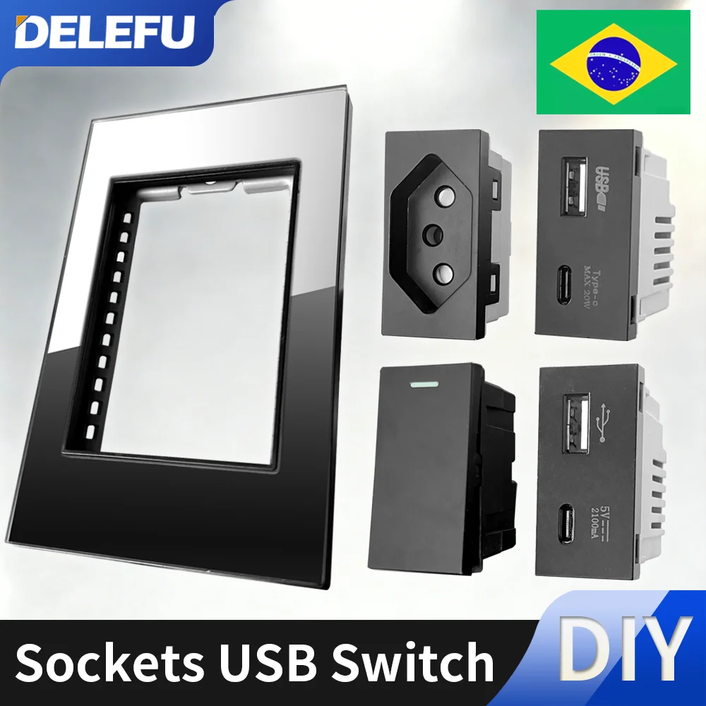 DELEFU Brazilian Standard Free Combination Function USB Type C Key DIY Switch Socket 118mm*72mm Black PC Glass Panel