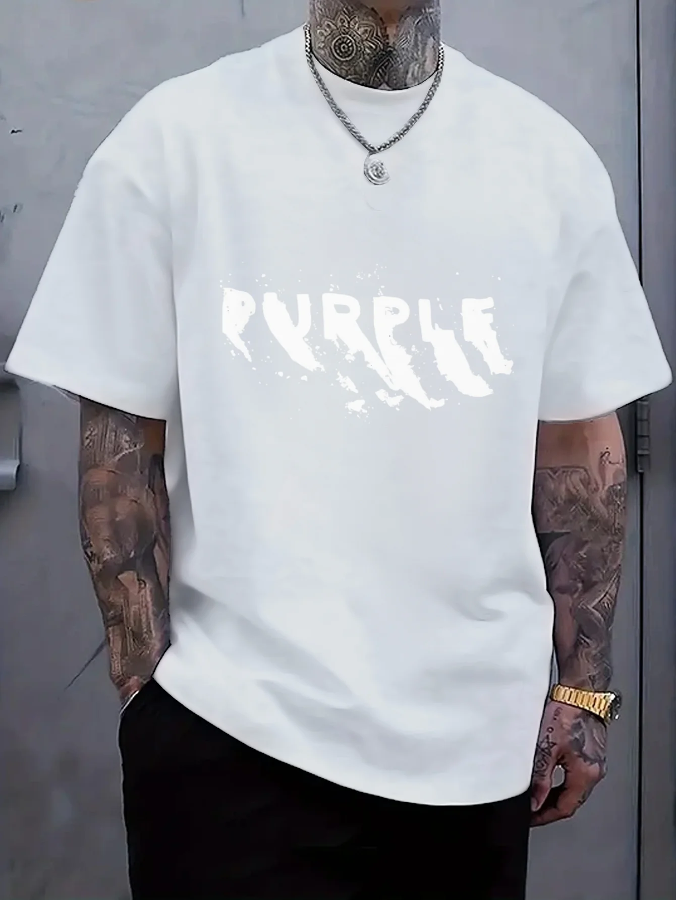 

Мужская футболка из чистого хлопка, жирный фиолетовый уличная футболка с рисунком брызг, повседневная одежда, повседневная одежда, городской модный топ