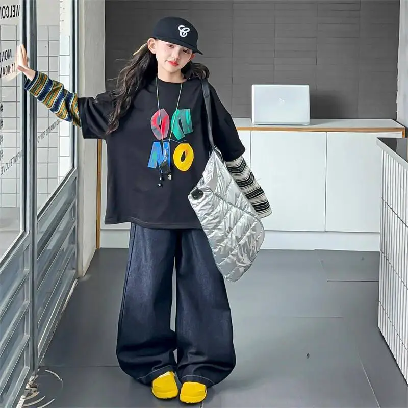 

Kawaii повседневное пальто, топы, модный комплект из 2 предметов, детская одежда, куртка для девочек, комплект из двух предметов, футболка из смеси хлопка, широкие джинсы