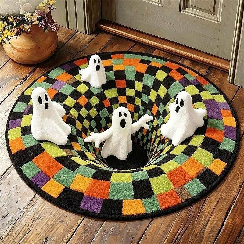 Halloween 3D Vortex Illusion Round Rug Mummy Red Rose Skull Print Spooky Home Floor Mat Holiday Party Indoor Decor Carpet