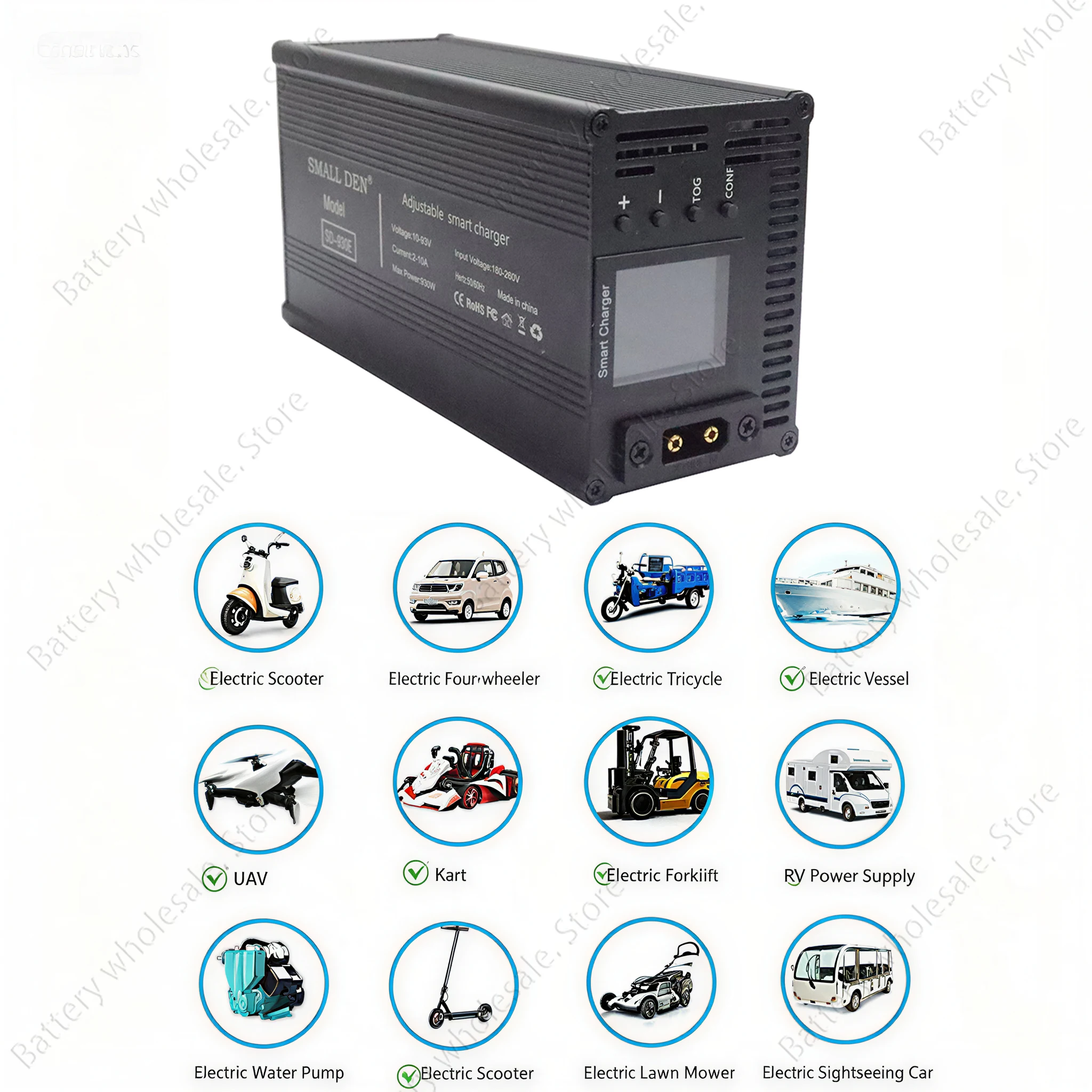 Kaliobes universal adjustable 10V to 93V smart lithium battery fast charger with LCD display