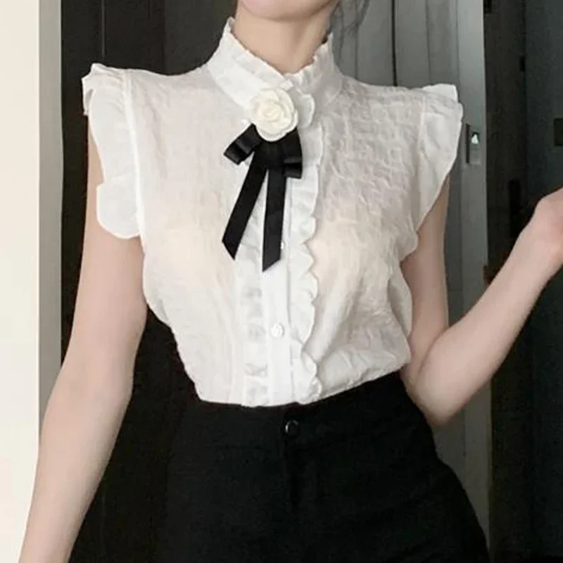 Summer Elegant Aesthetic All Match Sweet Young Style T-shirt Women Short Flying Sleeve Ruffled Neck Solid Color Bow Button Top