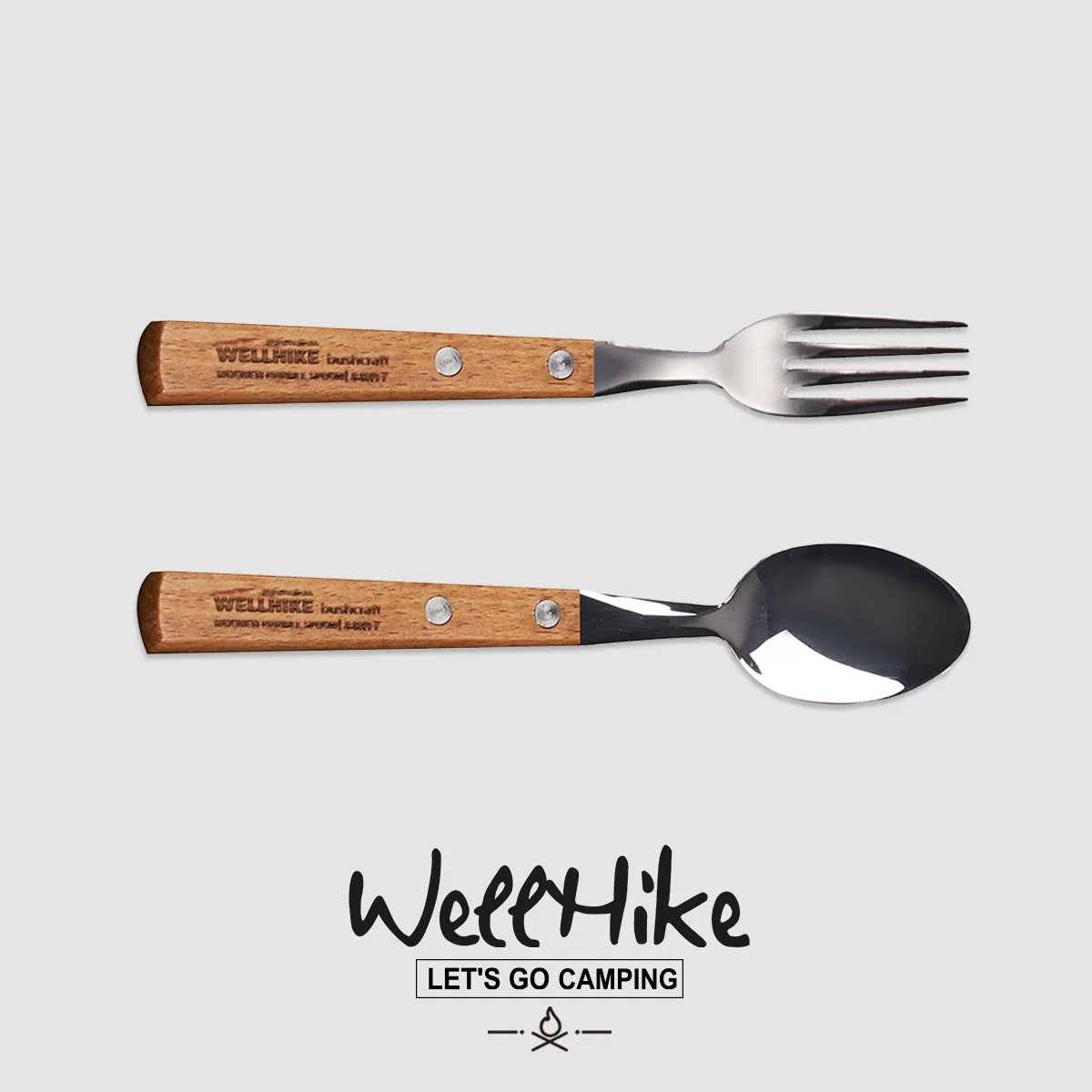 

WELLHIKE Outdoor BC Wooden Handle Fork and Spoon Camping Bushcraft Stainless Steel Tableware Soup Portable Picnic Tableware