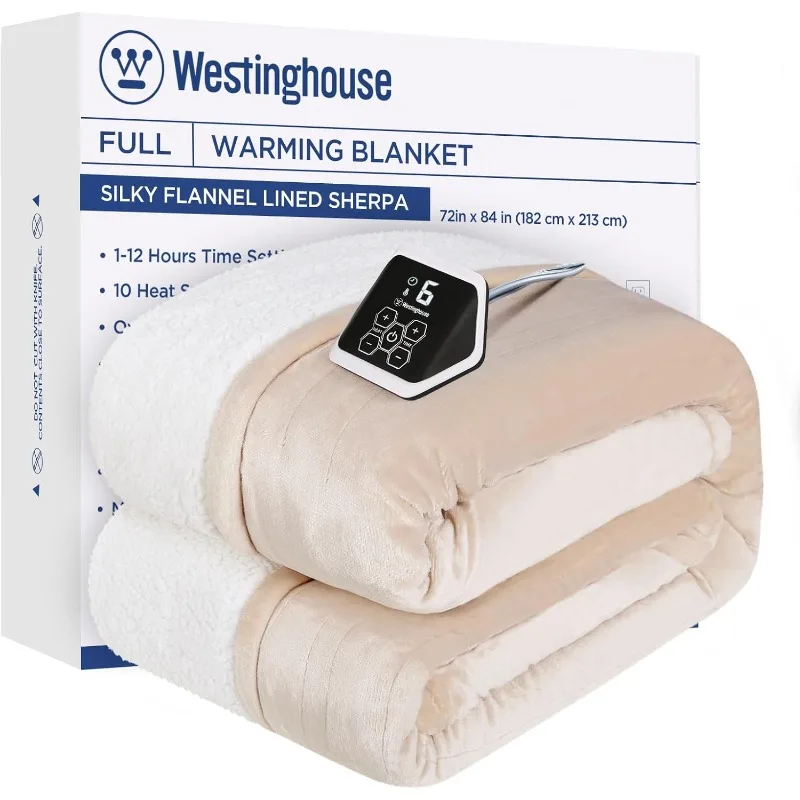 Westinghouse Heated Blanket Full Size, Soft Flannel to Sherpa Electric Blanket with 10 Heating Levels, 1-12 Hours Auto Shut Off