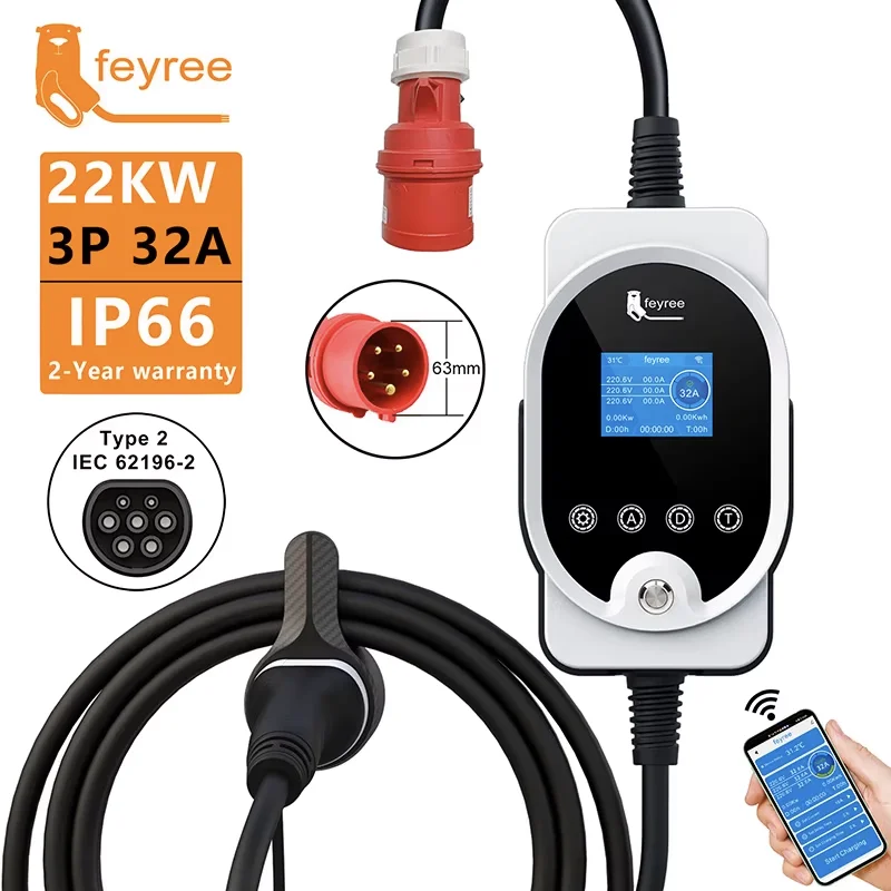 Feyree 22KW Type2 Cabo EVSE Wallbox e Carregador EV Portátil 32A 3 Fase Wi-Fi APP Estação de Carregamento Rápido Inteligente para Veículo Elétrico