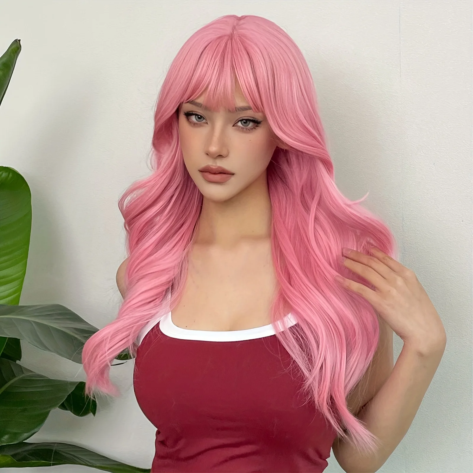Parrucche per capelli lunghi rosa con onda del corpo con frangia Parrucche per capelli in fibra sintetica per donne Ragazze per feste Cosplay Usa festival musicali da 24 pollici
