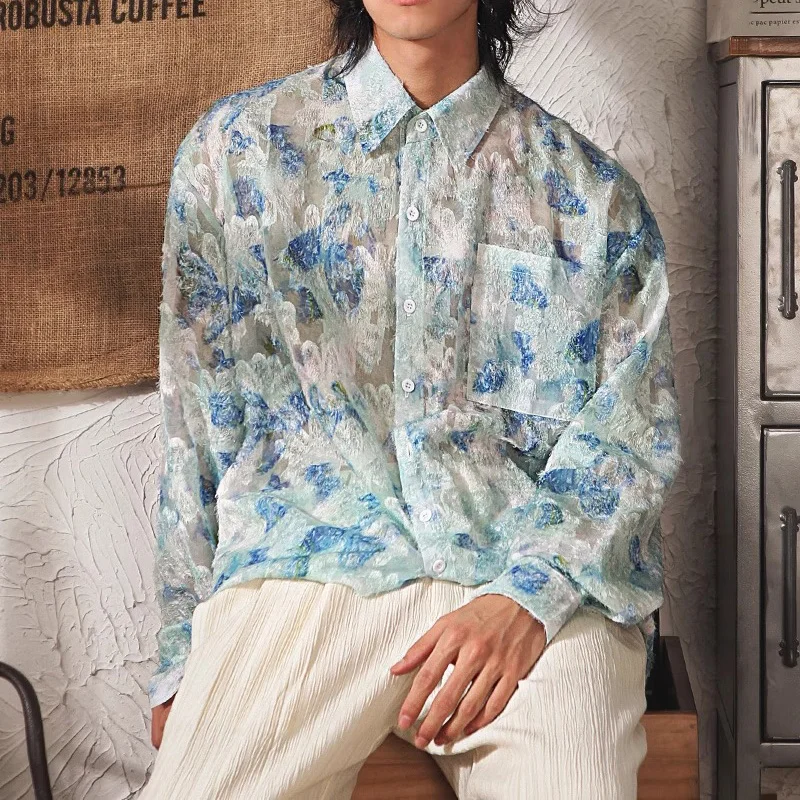 Spring Niche Floral Shirt for Men Thin Casual Loose Transparent Fur Edge Trend Long Sleeved Shirt Japanese Ruffled Noble Prince