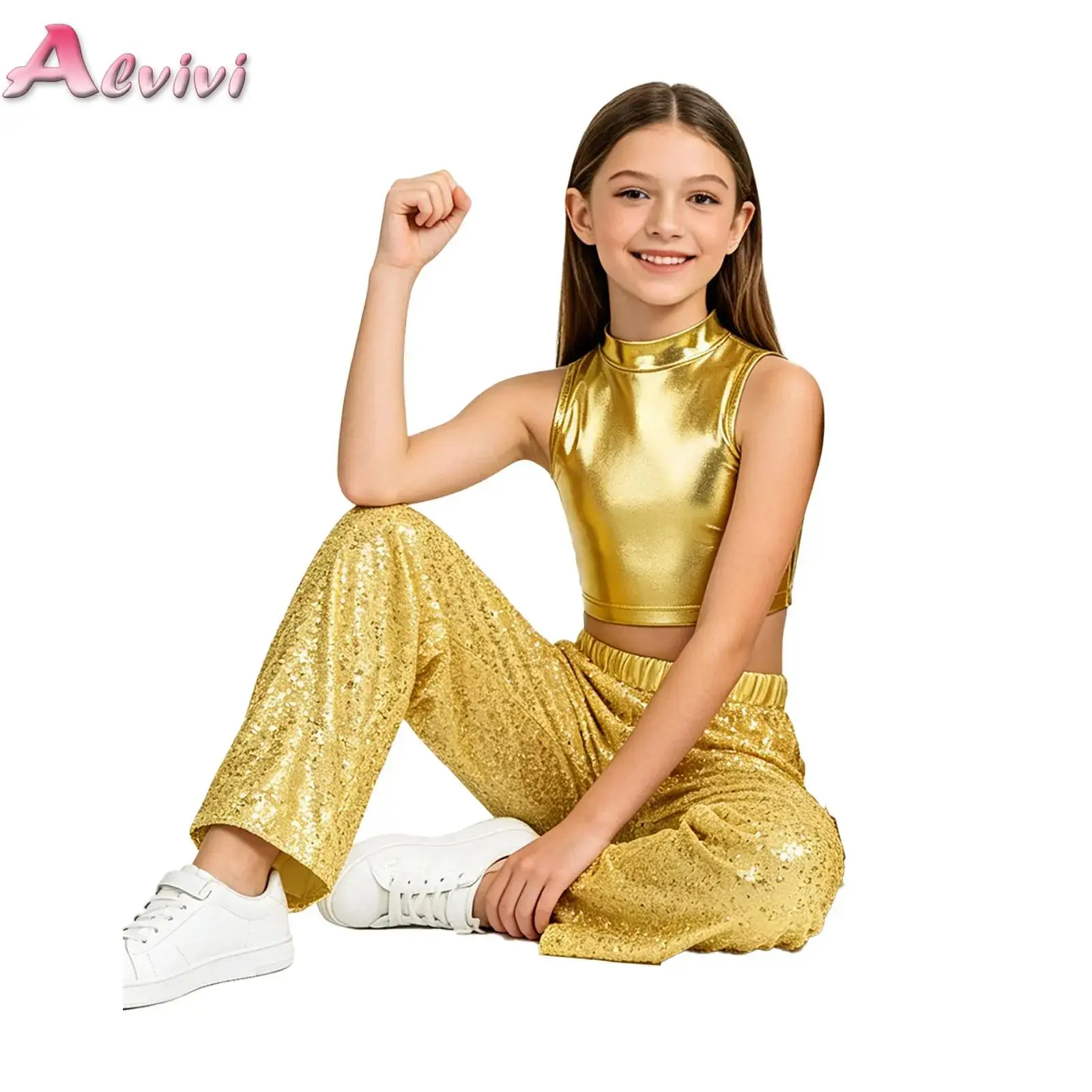 

Fashion Sequins Clothes Set Girls Street Carnival Jazz Dance Performance Costumes Kids Two Pieces Streetwear Top Pants for Party