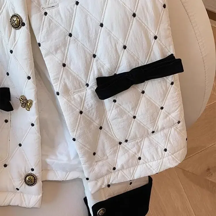 

Korejpaa Parkas Mujer French Style Polka Dot Splicing Diamond Grid Winter Jacket Women Contrast Color Lapel Gentle Coats Femme