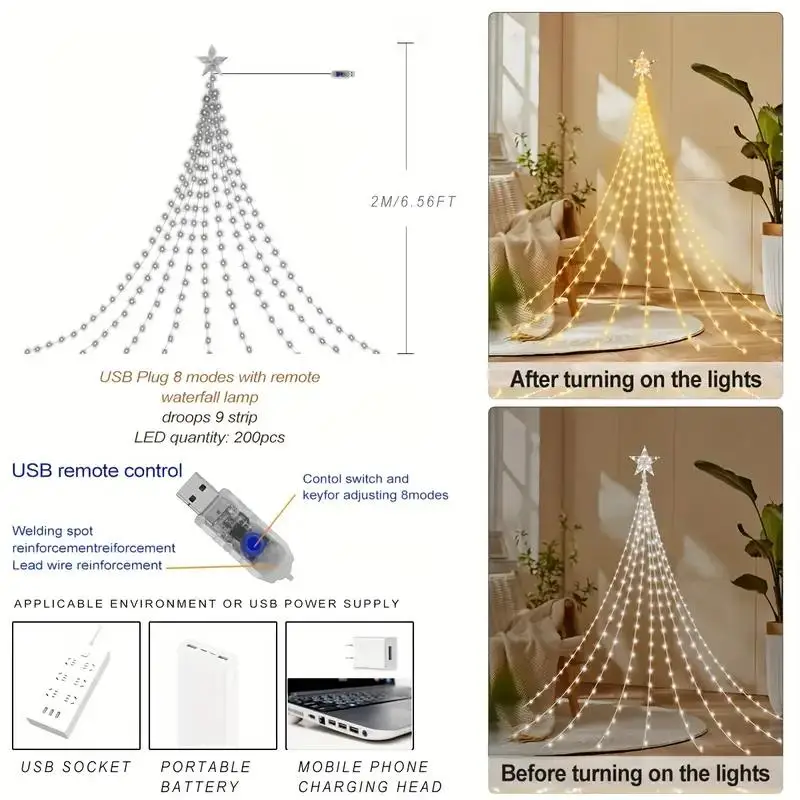 USB Waterfall Lights with Remote Control，8 Modes Dimmable, Waterproof Fairy Lights for Christmas Bedroom Garden Decoration