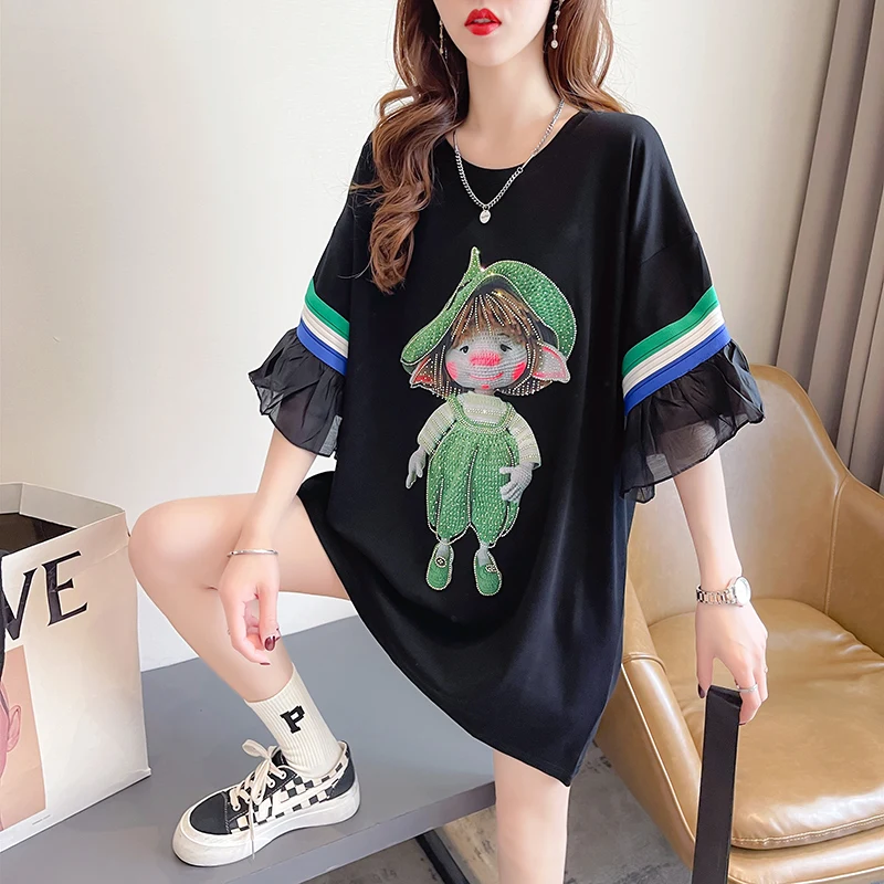 Cotton Short Sleeve T-shirt Women\'s Summer 2024 Mesh Cuffs Hot Diamond Round Neck Top Loose Women\'s Tees