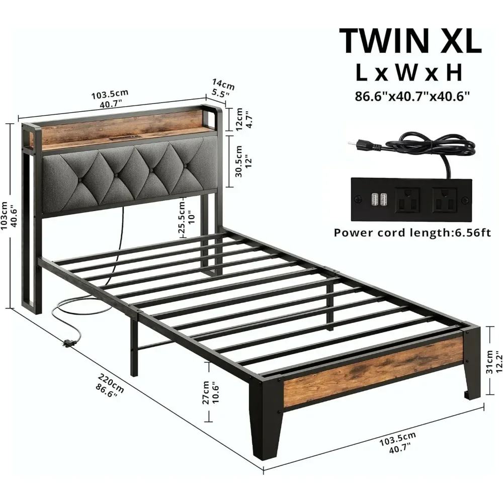 Twin XL Size Bed Frame, Storage Headboard with Outlets, Sturdy and Stable, Easy To Install, No Noise, Bed Frame