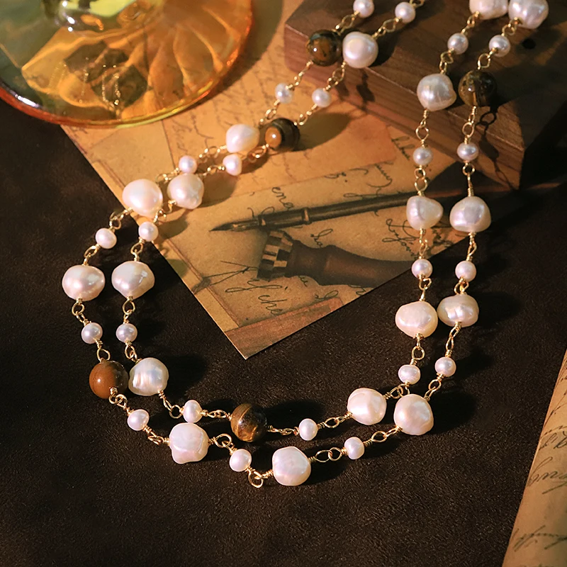 

Natural Pearl Tiger Eye Stone Long Necklace Luxurious Design Necklace for Banquet Wedding Women's Jewelry GN0870
