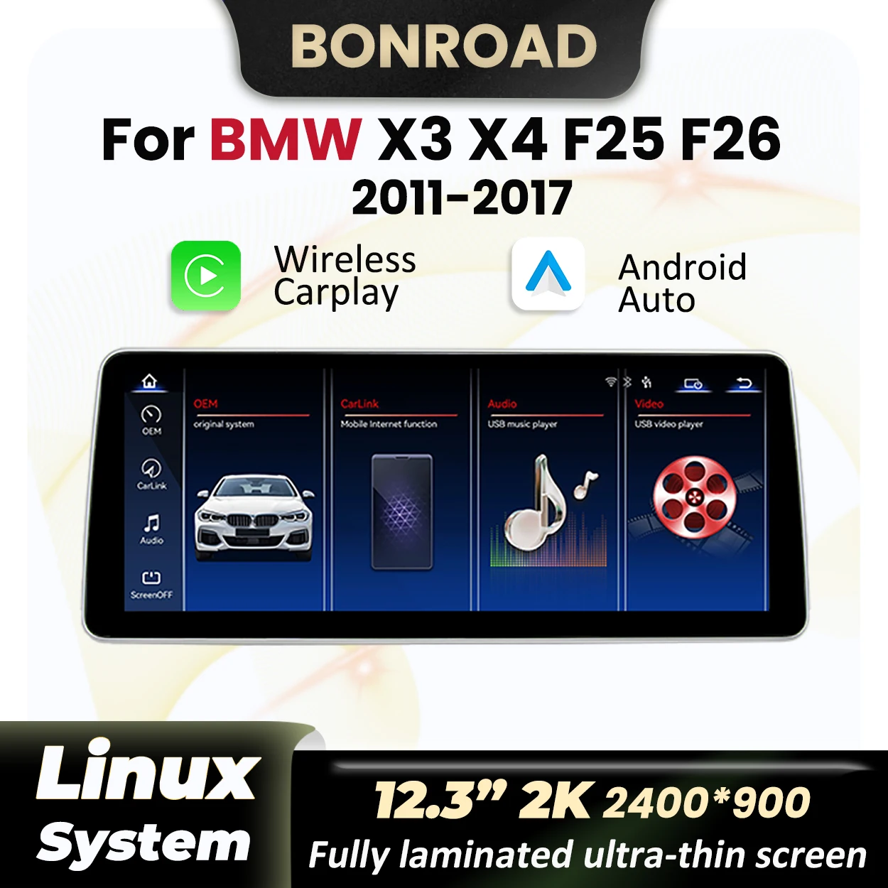 BONROAD Écran de voiture 12,3 pouces 2K ultra-fin sans fil CarPlay et Android Auto pour BMW X3 X4 F25 F26 2011-2017 Système NBT CICI Radio de voiture