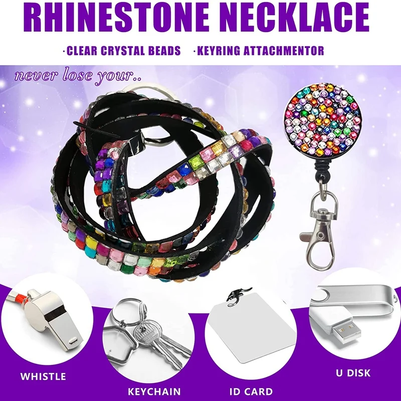 4 مجموعات حجر الراين الحبل بلينغ حامل بطاقة الهوية كريستال قابل للسحب شارة بكرة حجر الراين الرقبة الحبل حامل بطاقة حامل