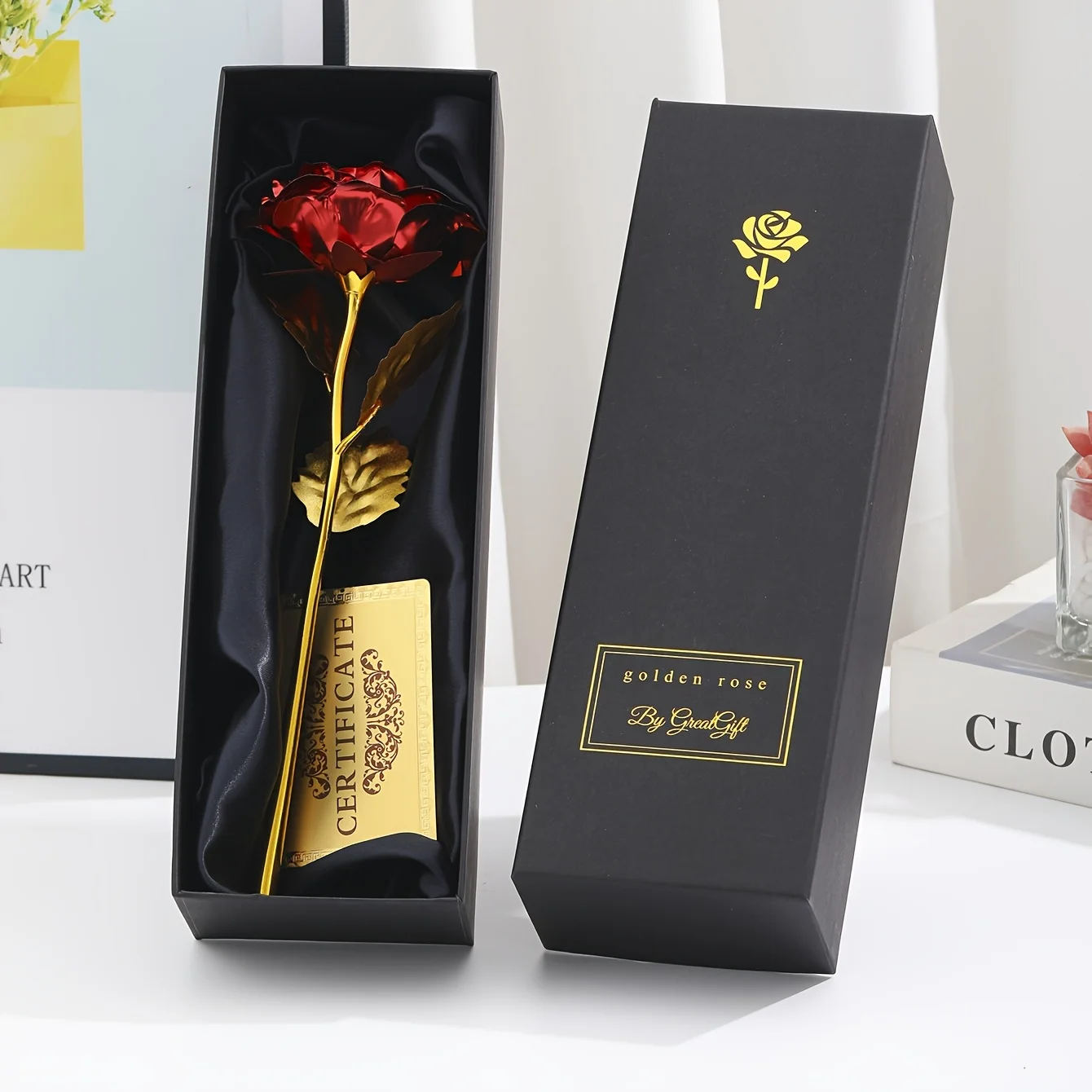 Rose en aluminium avec boîte cadeau et carte – Cadeaux de roses éternelles pour la Saint-Valentin, Thanksgiving, la fête des Mères, les faveurs de fête et les décorations