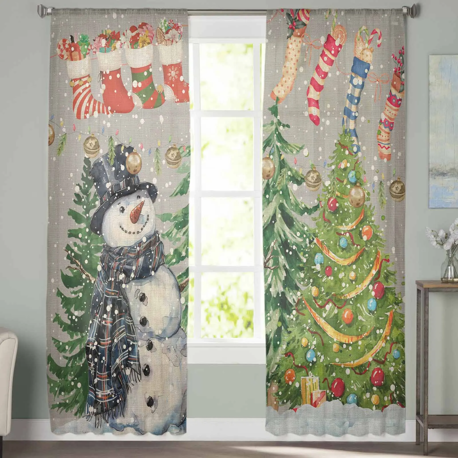 Hand Drawn Vintage Christmas Tree  The Sea Sheer Curtains for Living Room Bedroom Home Hotel Coffee Decor Chiffon Tulle Curtains