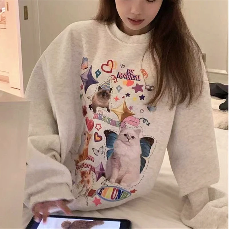 Y2K Fairy Wings Cat Printed Hoodies Gray Loose Cute Cartoon Sweatshirt Korean Fashion Streetwear Oversized Autumn Winter Clothes