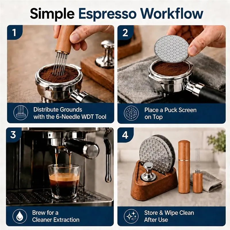 [HOT!A34R】 7 In 1 53.3Mm Espresso Puck Screen Kit With Wooden Stand & Magnetic Pickup Reusable 304 Stainless Steel Coffee Filter