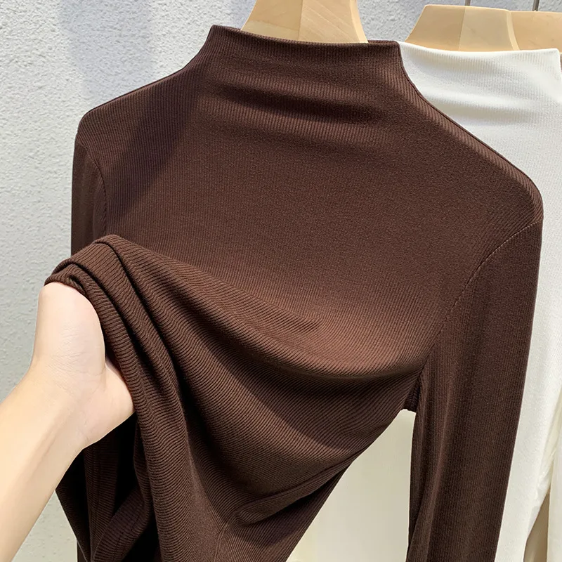 Half High Necked Modal Long Sleeved T-shirt Basic Base Shirt for Women\'s Commuting Fashion Elastic Inner Layer Top