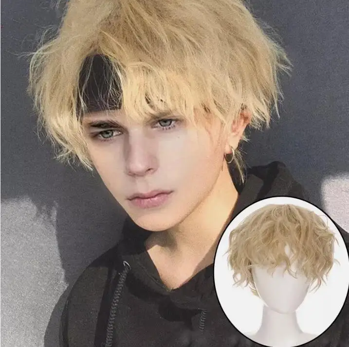 أشقر فاتح موجة قصيرة أنيمي الرجال الصبي تأثيري حزب الشعر الاصطناعية هالوين الباروكات