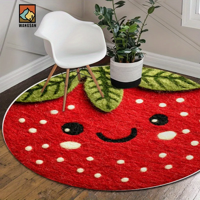 Strawberry Smile Round Rug Flannel Red Green Cute Fruit Design Bathroom Kitchen Entryway Non Slip Soft Floor Mat Kids Gift