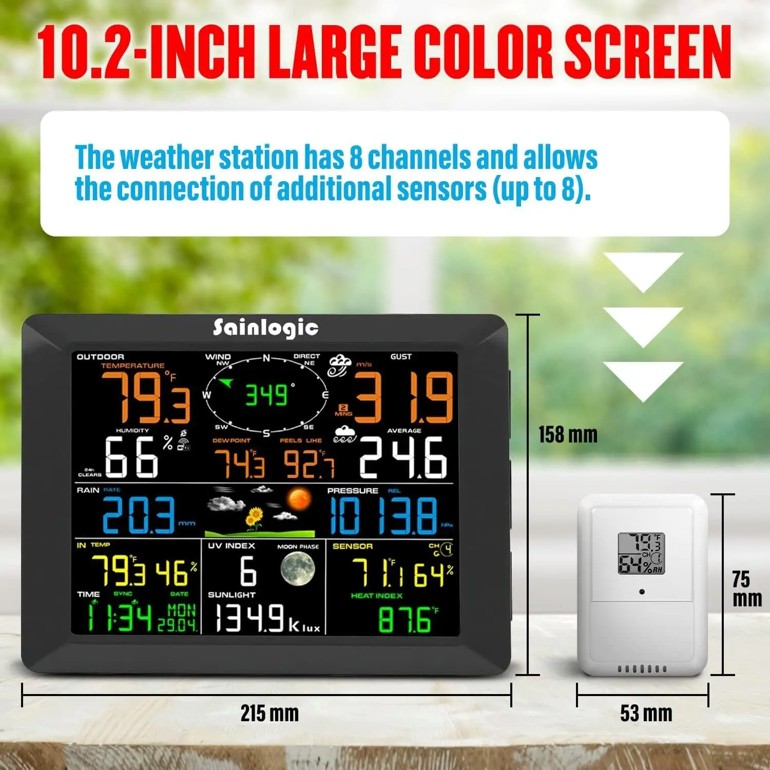 8.3 Inch Color Display WLAN Weather Stations Wireless Indoor Outdoor with 7-in-1 Rain Gauge and Wind Speed Sensor